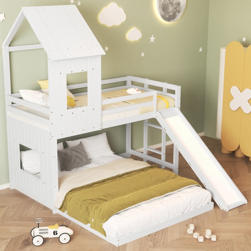 Okwish - Lit superposé 90/140x200 cm lit cabane, lit enfant avec toboggan, barrière antichute et échelle à trois marches, en pin + mdf, blanc, sans