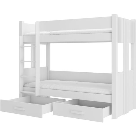 Lit superposé blanc 2 couchages 80x180 ou 90x200 avec tiroirs de rangement Luka-2 matelas 80x180-80x180