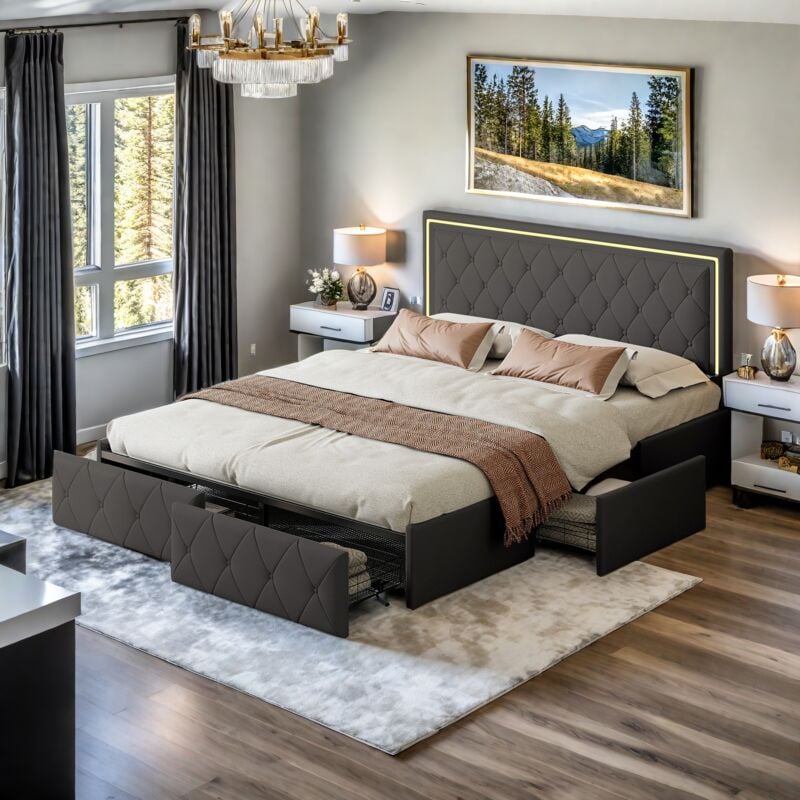 Sureh - Lit coffre 140x200 cm avec tiroirs, lit 2 Personnes moderne avec 4 tiroirs, cadre de lit avec sommier à lattes, lit adulte led, gris