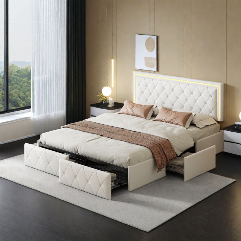Lit coffre 160x200 cm avec tiroirs,lit 2 Personnes moderne avec 4 tiroirs,cadre de lit avec sommier à lattes,lit adulte LED,blanc