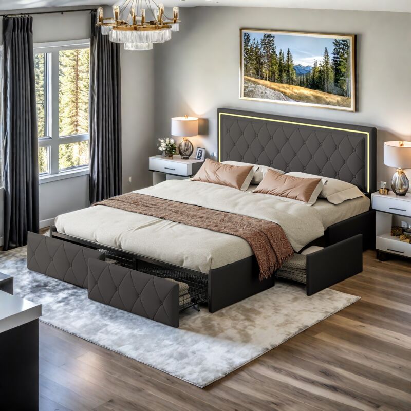 Lit coffre 140x200 cm avec tiroirs, lit 2 Personnes moderne avec 4 tiroirs, cadre de lit avec sommier à lattes, lit adulte led, gris