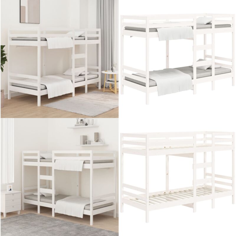 Lit superposé sans matelas blanc 90x200 cm bois de pin massif - Lit Superposé - Lit Double - Meubles Chambre - Mobilier Enfant - Lit Bois - Home &