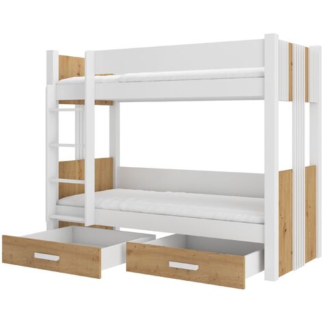 Lit superposé blanc et bois artisan 2 couchages 80x180 ou 90x200 avec tiroirs de rangement Luka-2 matelas 80x180-80x180