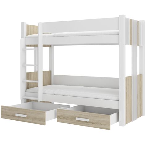 Lit superposé blanc et bois Sonoma 2 couchages 80x180 ou 90x200 avec tiroirs de rangement Luka-2 matelas 80x180-80x180