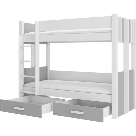 Lit superposé blanc et gris clair 2 couchages 80x180 ou 90x200 avec tiroirs de rangement Luka-2 matelas 80x180-80x180