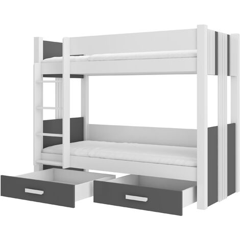 Lit superposé blanc et gris graphite 2 couchages 80x180 ou 90x200 avec tiroirs de rangement Luka-2 matelas 80x180-80x180