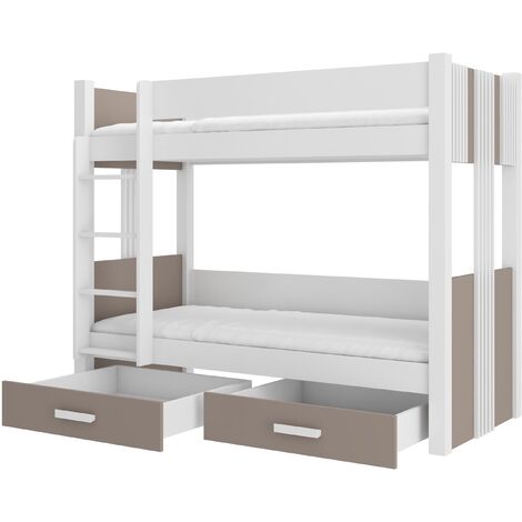 Lit superposé blanc et taupe 2 couchages 80x180 ou 90x200 avec tiroirs de rangement Luka-2 matelas 80x180-80x180
