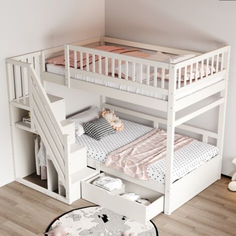 Lit superposé bois massif 90x200, barrière haute, tiroirs de rangement, échelle sécurisée Lit enfant adolescent, Lit Simple blanc (sans Matelas)