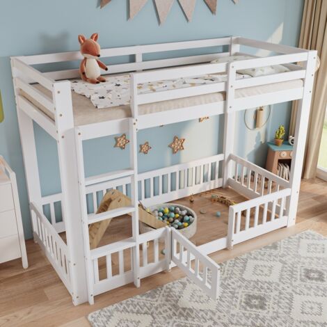 Lit superposé bois pin 90x200 - Escalier sécurisé avec rampe et porte - Espace libre dessous - Protection anti-chute (sans Matelas)