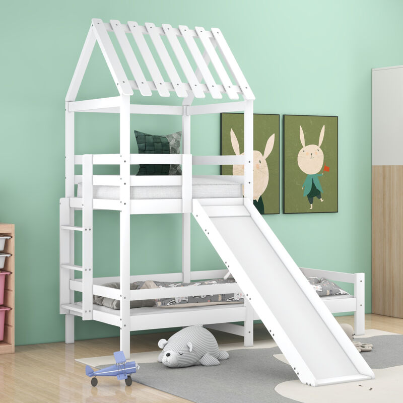 Modernluxe - Lit superposé avec toboggan - 90x200cm + 90x100cm - en bois massif - Blanc