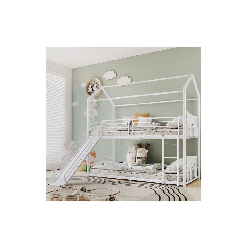 Lit superposé cabane avec toboggan, lit d'enfant avec protection contre les chutes, cadre en métal, blanc (90x200cm)