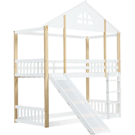 Lit superposé cabane en bois massif + MDF blanc et naturel 90x200 cm avec échelle 3 marches et toboggan réversible