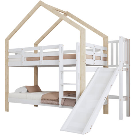 Lit superposé cabane en bois massif/MDF blanc + naturel 90x200 cm avec toboggan, échelle 3 marches et barrières