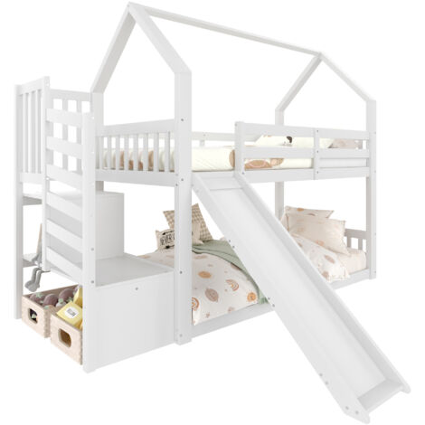 Lit superposé cabane en pin/MDF blanc 90x200 cm avec escalier rangement et toboggan, sans matelas