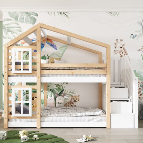 Lit superposé cabane enfant 90x200 - 2 couchages - escalier latéral avec rangements - design maison avec fenêtres - blanc