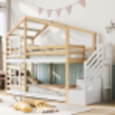 Lit superposé cabane enfants 90x200 cm avec fenêtre, espace de rangement et protection antichute, sans matelas, blanc
