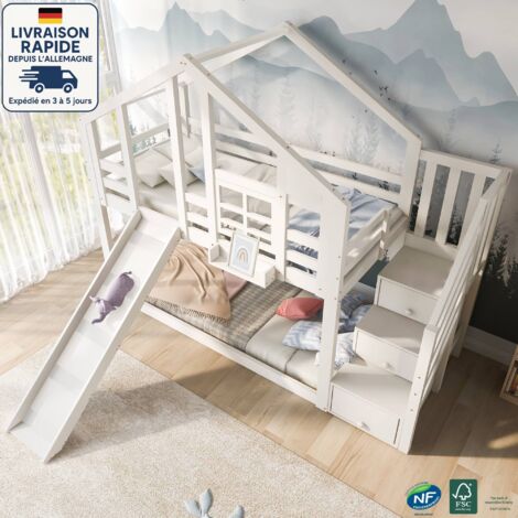 Lit superposé cabane pour enfant 90x200 cm 2 places avec 3 tiroirs et toboggan, sommier à lattes inclus, pin + MDF, blanc