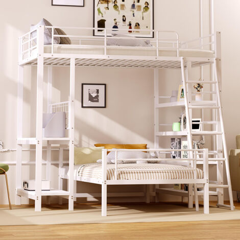 Lit superposé, cadre en métal, lit en mezzanine, 90200, lit multifonctionnel avec plusieurs compartiments de rangement, blanc