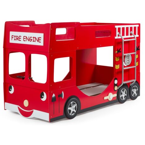 Lit superposé camion de pompier FIRE 90x200 – Bois laqué rouge – Sommiers inclus Avec 2 matelas-Modéle Avec 2 matelas