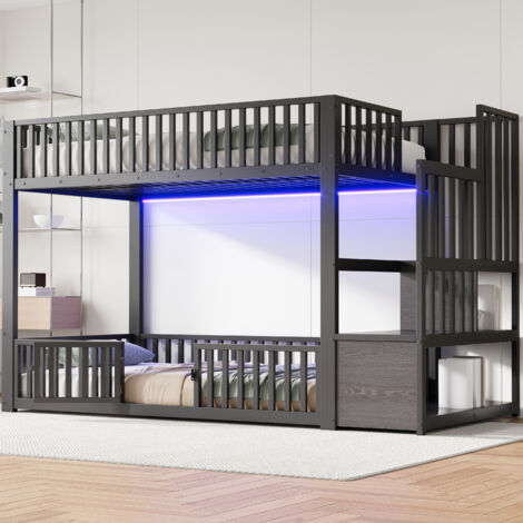Lit superposé de 90x200 avec échelle de rangement,avec LED,noir.
