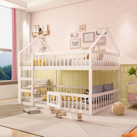 Lit superposé design loft 140x200 - Lit familial enfant - Escalier - Bois massif blanc - Cadre renforcé (sans Matelas)