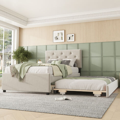 Lit superposé, dimensions 90x200 cm. Lit équipé d’un sommier à palettes (sans matelas). Lit avec un meuble de rangement au pied du lit. Tissu en velours. Style minimaliste. Couleur beige.