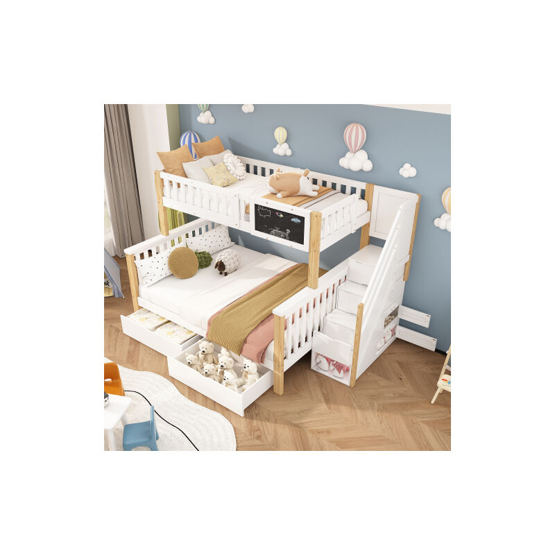 Okwish - Lit superposé double 90x200+140x200 cm, lit enfant avec tableau et tiroirs, en bois massif, blanc + chêne clair, sans matelas