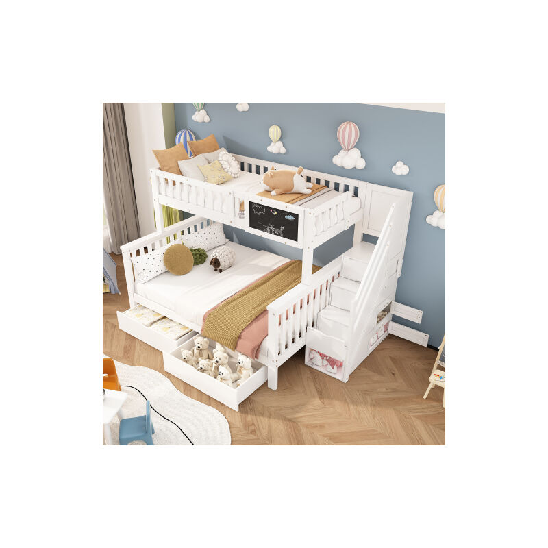 Okwish - Lit superposé double 90x200+140x200 cm, lit enfant avec tableau noir et tiroirs, en bois massif, blanc, sans matelas