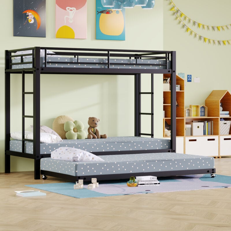 Modfu - Lit superposé double pour enfants 90x200cm, lit gigogne, métal, sans matelas, noir