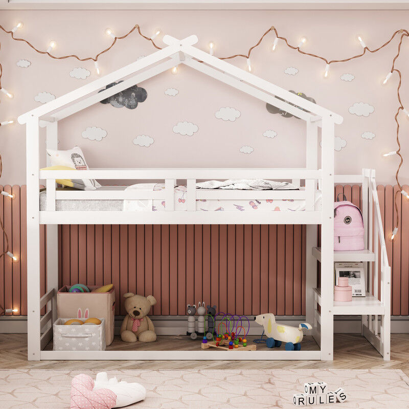 Lit superposé en bois, 90 x 200 cm, lit d'enfant blanc avec escalier, lit superposé bas, cadre de lit superposé en bois massif avec cadre à lattes,