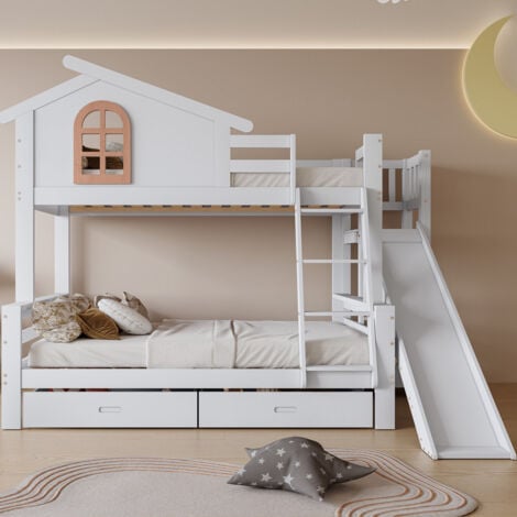 SUREH Lit superposé en bois, 90 x 200 cm, lit pour enfants avec échelle et toboggan, lit maison avec fenêtres caractéristiques, cadre en bois massif, avec protection contre les chutes et 2 tiroirs