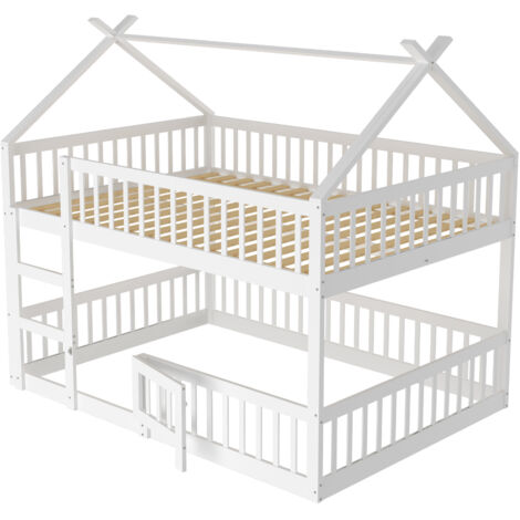 Lit superposé en bois blanc 140x200 cm avec escalier intégré, barrière haute et porte ouvrante