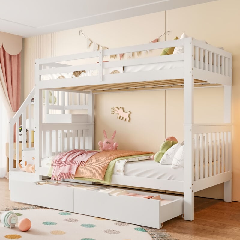 Modernluxe - Lit superposé en bois de pin - avec 2 tiroirs et escalier de rangement - Blanc - 90x200cm
