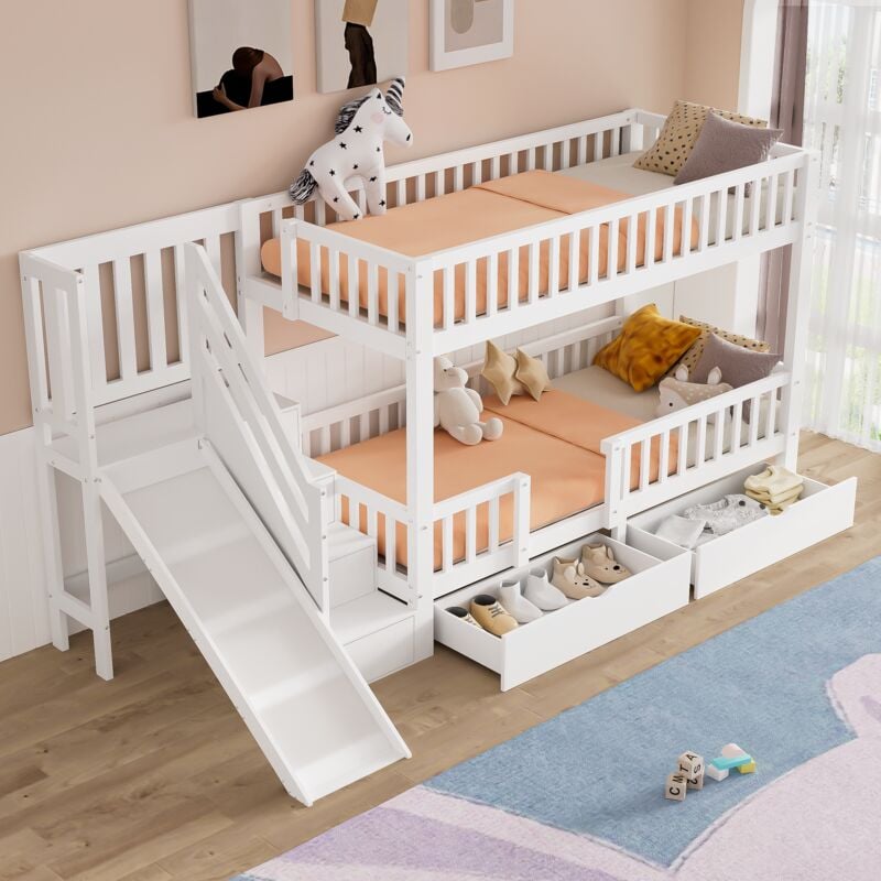 Modernluxe - Lit superposé en bois et mdf - 90x200 cm - avec toboggan et escalier - Blanc(sans matelas)