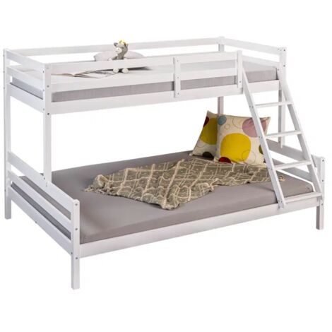 Lit superposé en bois massif avec 2 sommiers à lattes, coloris blanc - Longueur 209 x Profondeur 153 x Hauteur 144 cm