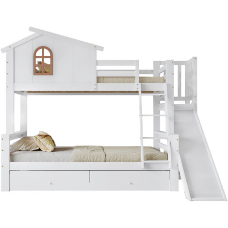 Lit superposé en bois massif + MDF blanc 90x200 / 120x200 cm avec toboggan, échelle 4 marches et 2 tiroirs