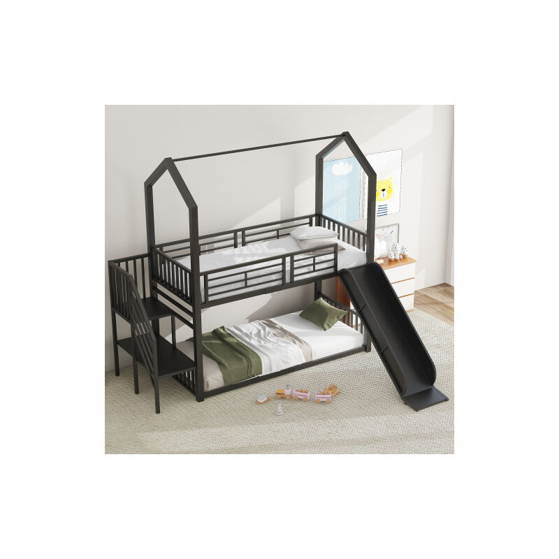 Lit Superposé en metal 90 x 200cm, Lits superposés pour enfants avec escalier et toboggan, Lit cabane 2 places, stable et fiable - Noir