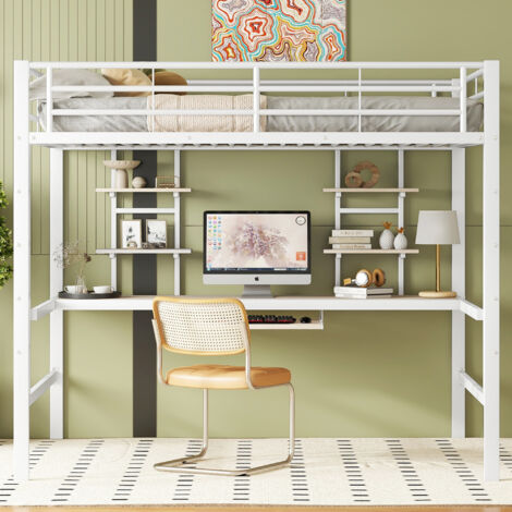 Lit superposé en métal 140x200 cm avec bureau et étagères - Structure en acier robuste avec échelle - Idéal pour étudiant et chambre d'enfant - Blanc