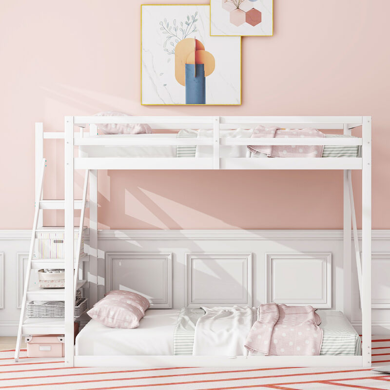 Modernluxe - Lit superposé 140x200 cm en pin massif - avec escalier et échelle - Gris