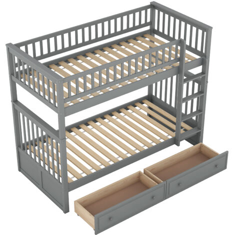 Lit superposé en pin et MDF gris 90x200 cm avec 2 tiroirs, convertible en 2 lits