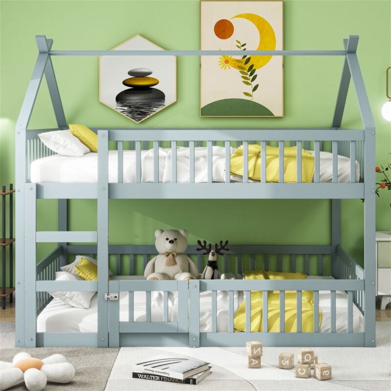 Lit superposé enfant 140x200 cm, avec escalier, design loft, avec grille anti-chute, bois massif + MDF, adapté aux enfants et adolescents - Gris