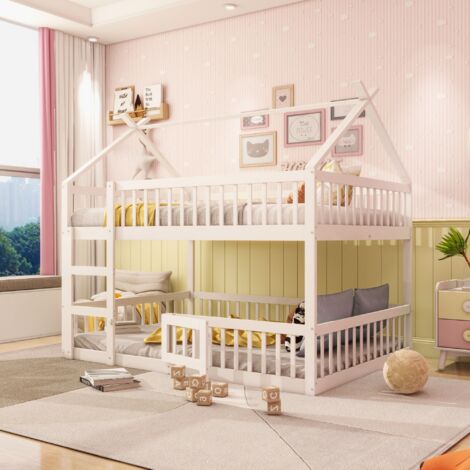 Lit superposé enfant 140x200 cm, lit familial enfant, lit mezzanine avec escalier, style mezzanine, cadre de lit enfant en bois massif, blanc
