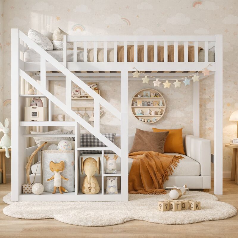 Lit superposé enfant 140x200 cm, lit mezzanine multifonctionnel avec escalier de rangement et barrière de sécurité, bois massif blanc, pour garçon et