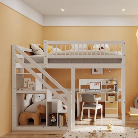 SUNFECILI 90x200, lit mezzanine 2 places,lit mezzanine escalier,avec placard de rangement,lit jeune, lit simple,bois massif,Blanc