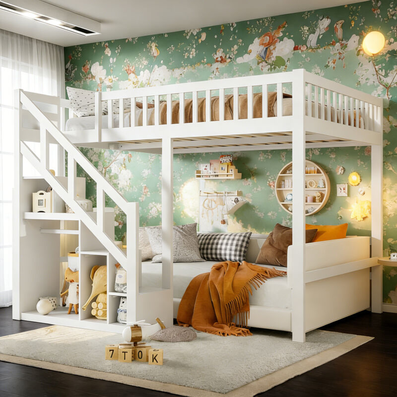 Lit superposé enfant 140x200, lit mezzanine avec escalier de rangement et clôtures, 2 places, Lit adulte loft avec armoire étagère, sommiers à