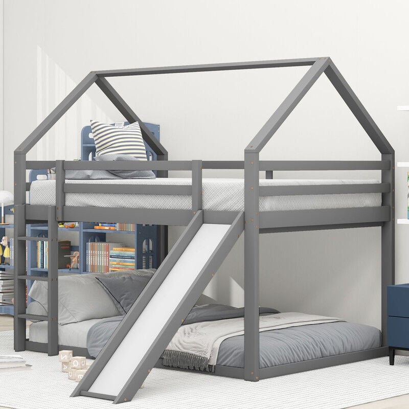 Lit superposé enfant 140x200cm, superposé avec escalier et toboggan, cadre de lit en bois massif avec sommier à lattes, famille lit superposé, sans
