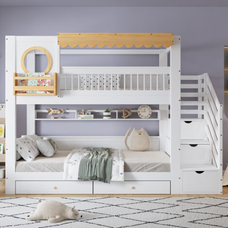 Lit superposé enfant, 2 tiroirs de rangement à roulettes, armoire d'escalier, étagères latérales de 2 m, tablette latérale, pin + MDF, blanc + naturel, 90x200 cm