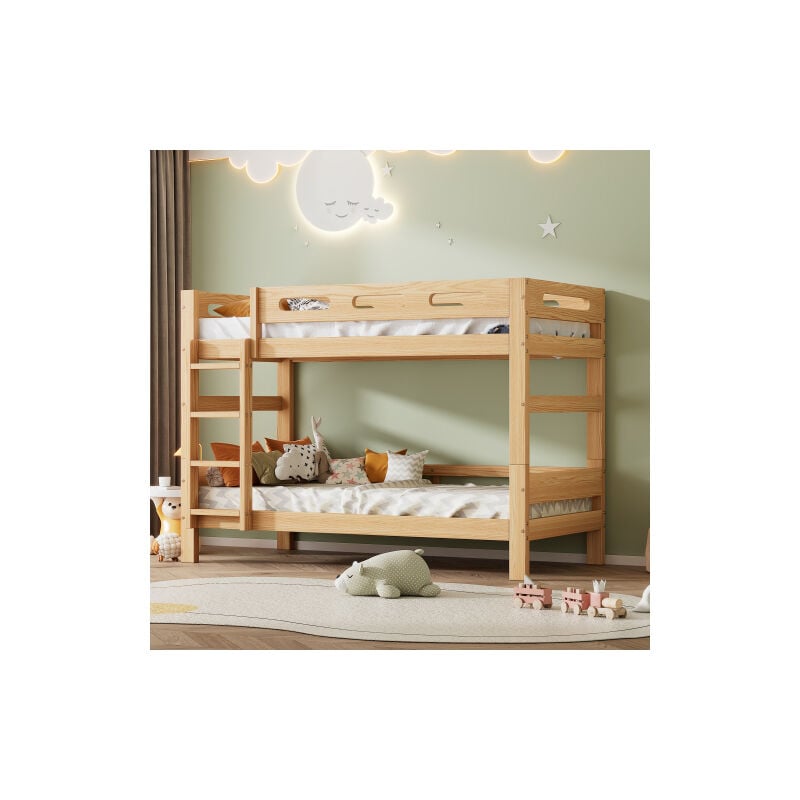 Lit superposé Lit enfant 90x200 cm avec sommier à lattes, divisé en 2 lits simples, cadre en bois de pin, naturel, sans matelas