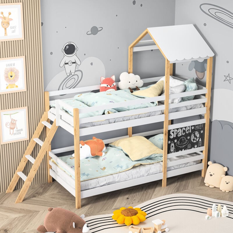 Sureh - Lit superposé enfant 90 x 200 cm - Avec échelle et tableau Noir - Lit mezzanine - Petite maison - Bois de pin massif - Blanc