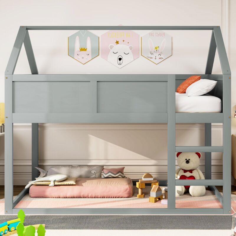 Lit superposé enfant 90x200 cm, avec escalier, antichute, avec sommier à lattes, structure en bois massif, adapté aux enfants et adolescents - Gris